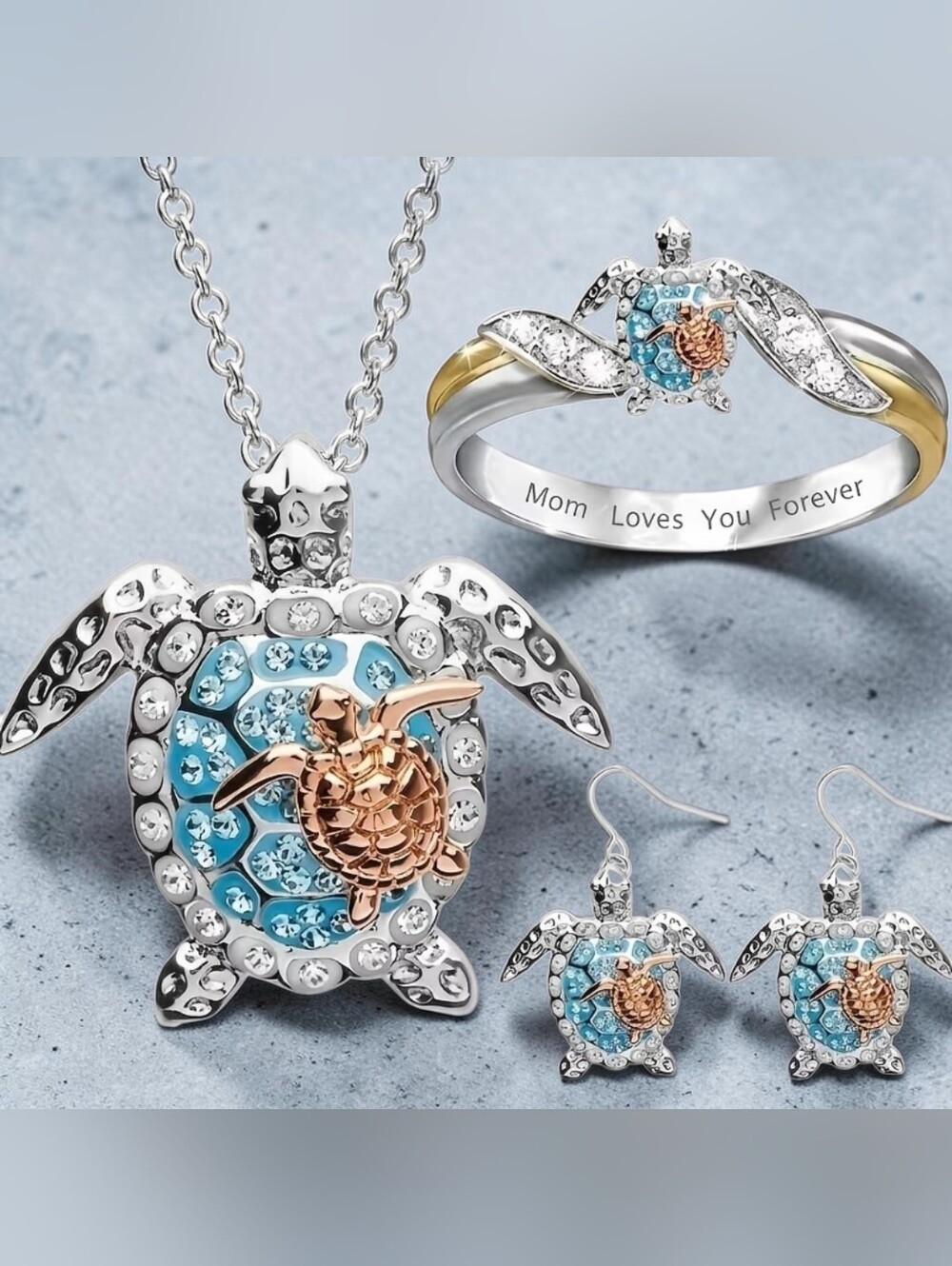 Sea Turtle Pendant Necklace and Earring Set with Blue and Rose Gold Accents
